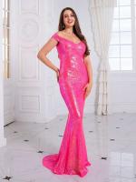 Vestido de fiesta con forro completo de lentejuelas rosa brillante, con tirantes, ajustado, acolchado, para noche y discoteca - details 1
