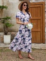 2025 nuevo estampado de manga corta con cuello en V con cintura adelgazante y falda larga con vuelo grande para mujer - details 3