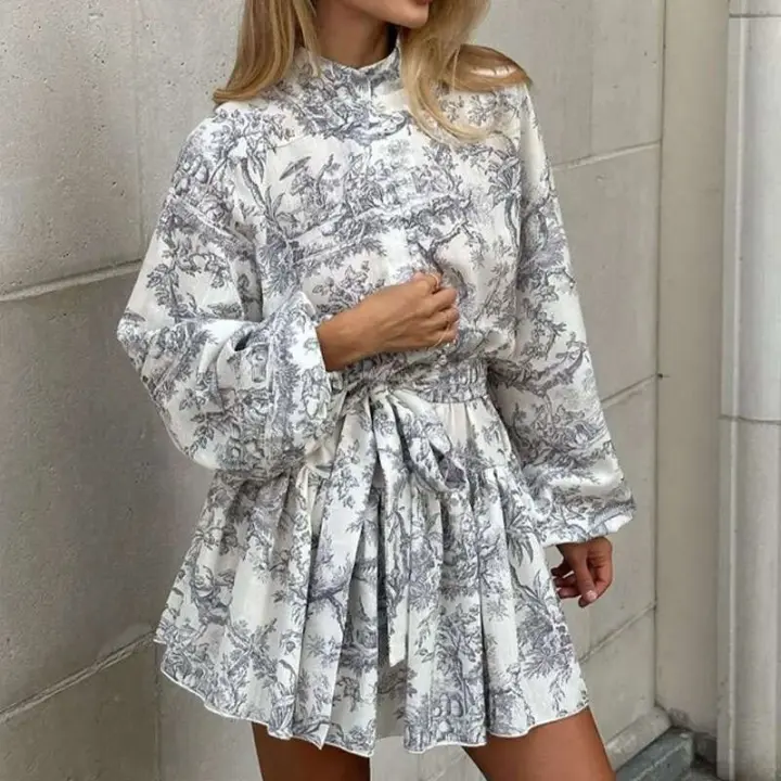 Vestido de Cinturón de Encaje Impreso Vintage Moda de Primavera-Verano para Mujeres - 1