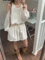 Blusa de verano a cuadros extragrande 2024 para niñas, traje de mujer, camisa de manga larga, pantalones de pierna ancha de cintura alta, trajes de dos piezas con pantalones cortos - details 28