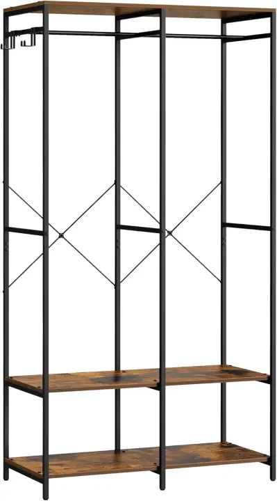 Armario de Ropa Portátil, Armario Plegable, Perchero, Organizador Armario, con Barras de Colgar, Estantes de Almacenamiento, Ganchos Extraíbles, 40 x 94,5 x 180 cm, Marrón Rústico RGR004B01 - 1