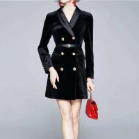 Elegante Vestido de Oficina Coreana Vintage Cuello en Capacha Doble Abotonadura Estilo Otoño-Invierno para Mujeres de Moda de Calle Principal - details 1