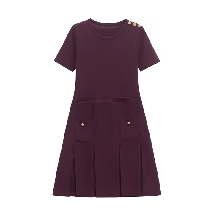 Vestido Mini de Punto con Cremallera Cuello Redondo, Mangas Cortas, Bolsillos - 1