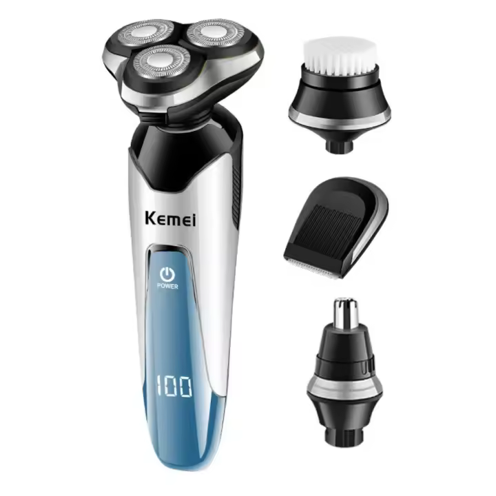 Kemei-Afeitadora eléctrica 4 en 1 LCD para hombres, máquina de afeitar lavable 3D flotante, 3 cuchillas, recortadora de pelo de nariz, Kit de aseo - 1