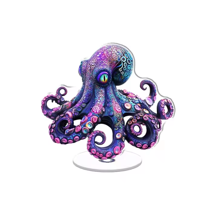 Figura acrílica giratoria que muestra un pulpo psicodélico de vidrieras con tentáculos de neón y vibrantes patrones de arrecife de coral sobre un fondo blanco brillante. - 1