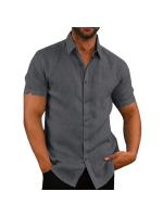 Algodón Lino Venta caliente Camisas de manga corta para hombres Verano Color sólido Cuello vuelto Estilo de playa informal Tallas grandes - details 1
