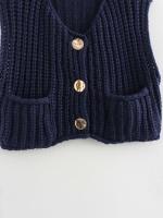 Chaleco de Punto sin Mangas de Moda Coreana para Mujer Cuello en V, Botón Azul, Bolsillos de Adelante, Rojo - details 17