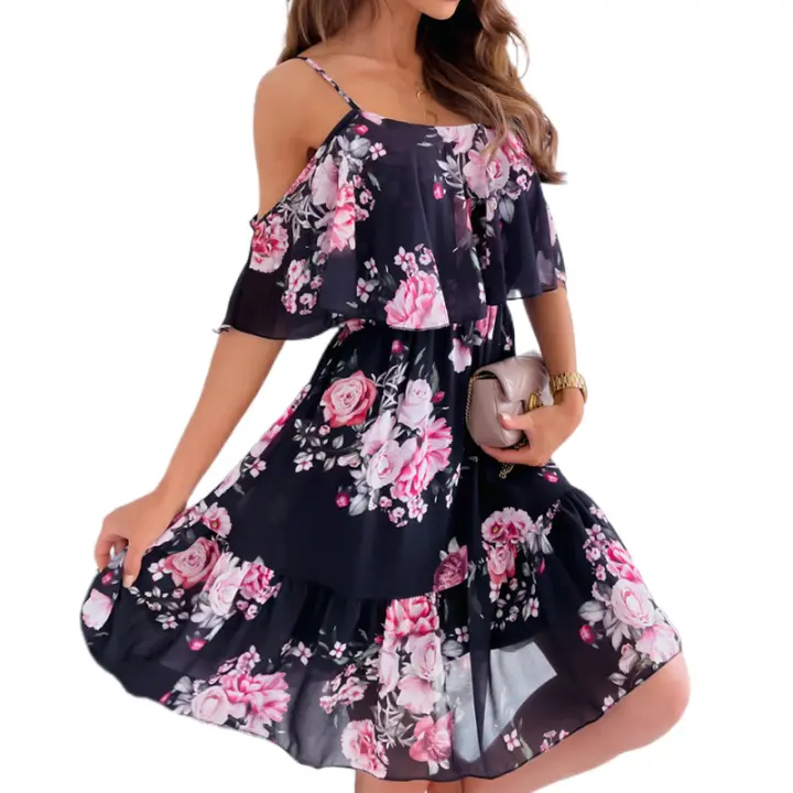 Vestido de gasa con volantes para mujer, sexy, sin mangas, estampado, con hombros descubiertos - 1