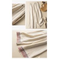 Pantalones de lino y algodón de cintura alta para mujer, pantalón de pierna ancha, largo, elástico, informal, liso, bordado, moda coreana, 2024 - details 13
