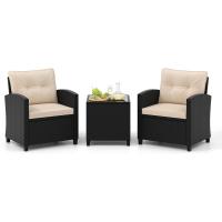 Conjunto de jardín exterior de ratán de 3 piezas, 1 mesa auxiliar de vidrio templado y 2 sillas con cojines, muebles de jardín terraza balcón exterior (negro) - details 17