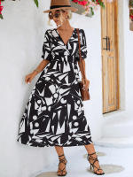 Vestido acampanado bohemio estampado para mujer, ropa informal de manga corta con burbujas, Vintage, elegante, verano, 2024 - details 9