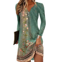 Vestido Largo Manga Completa Impresión Vintage Para Mujer Moda Otoño/E Invierno Cuello V Estilo Casual Ajuste Natural Talla Grande - details 10