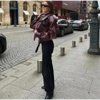 Chaqueta de Cuero Casual para Mujer Manga Larga, Pecho Ancho, Cinturón, Moda Otoño 2024 - details 15