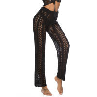 Pantalones de pierna ancha calados con cordones para mujer, pantalón de pierna ancha, color Beige, de cintura alta, transparente, para vacaciones en la playa, color blanco y negro, verano - details 6
