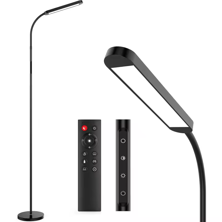Lámpara de pie LED Regulable, 12W Lámpara de Lectura para Sala de Estar con Temporizador de 1h, Lámpara de Pie Regulable en Colores y Brillo con Control Remoto y Táctil, Col de Ganso Ajustable - 1