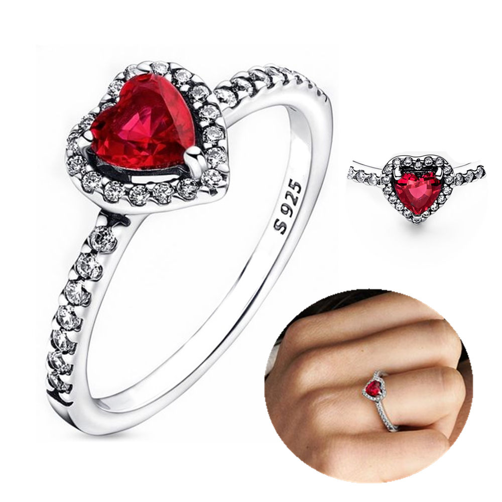 Anillo de Plata de Ley 925, anillo de corazón rojo elevado para mujer, circonita cúbica CZ, estrella, Luna, flor, joyería de boda, anillos, regalos