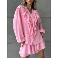 Nuevo conjunto casual para mujer con camisa de manga larga con volantes y botones y pantalones cortos de doble capa - details 15