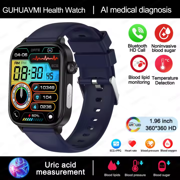 2024 Nuevo ECG + PPG Clase Médica 1,96 inch, 360*360 AMOLED Pantalla complete de HD táctil Smart Watch Azúcar en sangre, lípidos sanguíneos, temperature corporal, Llamada Bluetooth,IP68 a prueba de Agua Reloj Inteligente saludable para Android IOS - 1