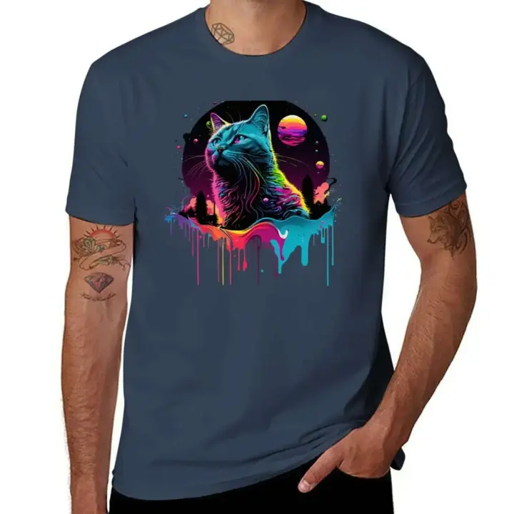 Camiseta con estilo de gato en la luna con huellas de pintura, ropa bonita, sudor de secado rápido, camisetas altas de gran tamaño para hombre - 1