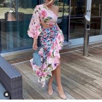 2025 Verano Nueva Mujer, Moda Vestido Largo, Pecho Asimétrico Manga Sola Cintura Floral Empalme Medio Vestidos ajustados - details 5
