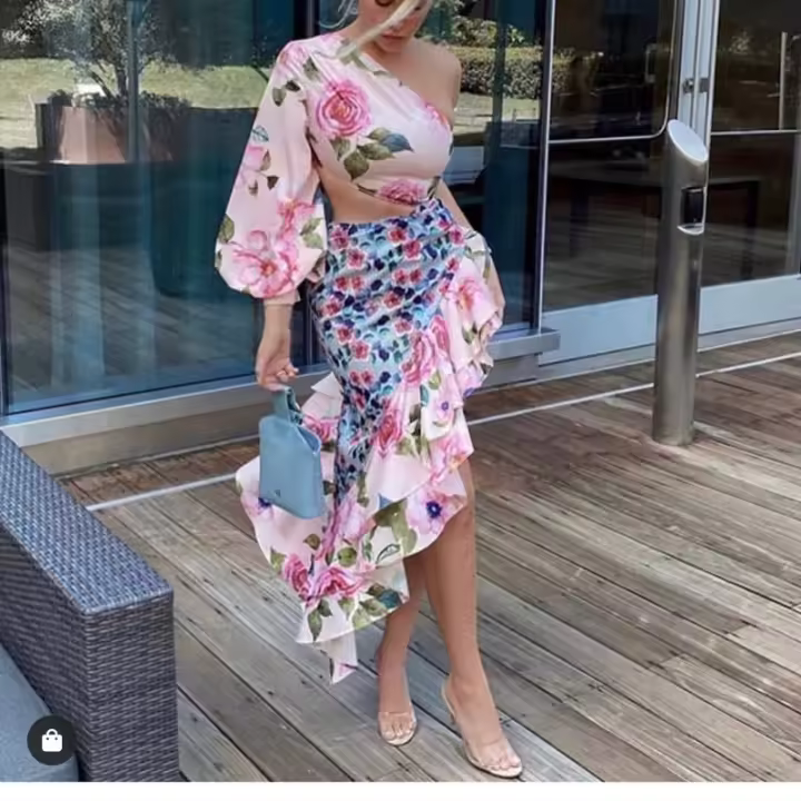 2025 Verano Nueva Mujer, Moda Vestido Largo, Pecho Asimétrico Manga Sola Cintura Floral Empalme Medio Vestidos ajustados - 1