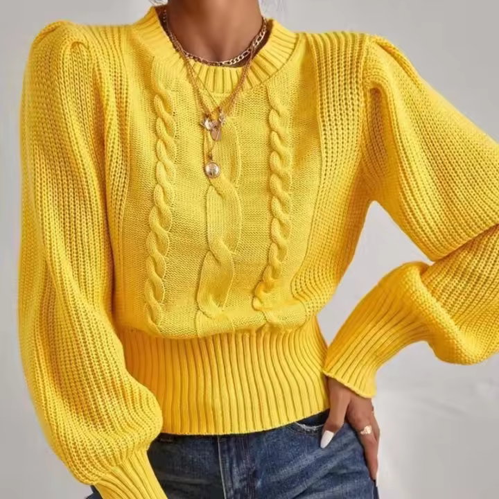 Women sweater elegant lantern sleeve knitted pullover soft warm solid female casual jumper - 1