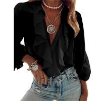 Camisas de gasa de Color liso para mujer, blusas holgadas con volantes y cuello en V, blusas de manga larga, Tops para mujer, ropa de calle de señora nueva de otoño - details 2