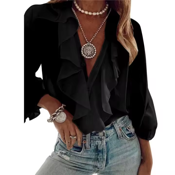 Camisas de gasa de Color liso para mujer, blusas holgadas con volantes y cuello en V, blusas de manga larga, Tops para mujer, ropa de calle de señora nueva de otoño - 1