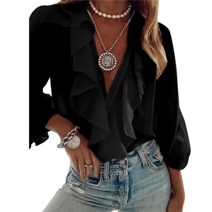 Camisas de gasa de Color liso para mujer, blusas holgadas con volantes y cuello en V, blusas de manga larga, Tops para mujer, ropa de calle de señora nueva de otoño - 1