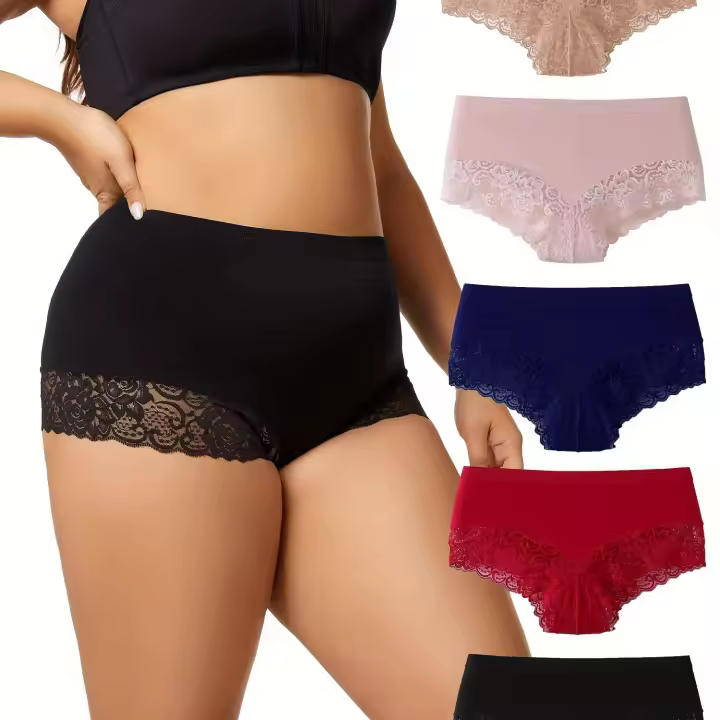 Conjunto de 5 bragas elegantes de talla grande, conjunto de 5 bragas de encaje sin costuras de talle medio alto y gran - 1