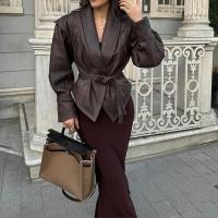 Chaqueta Corta de Cuero con Cinturón Abrigo de Moto de Manga Larga para Mujer - details 10