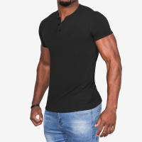 Camiseta de manga corta Henley para hombre, camisa informal de algodón, camisas Henley, M-6XL negro - details 7