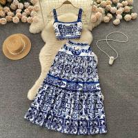 Conjunto de dos piezas a juego para mujer, Top corto con estampado de porcelana azul y blanca, Falda Midi oscilante - details 6