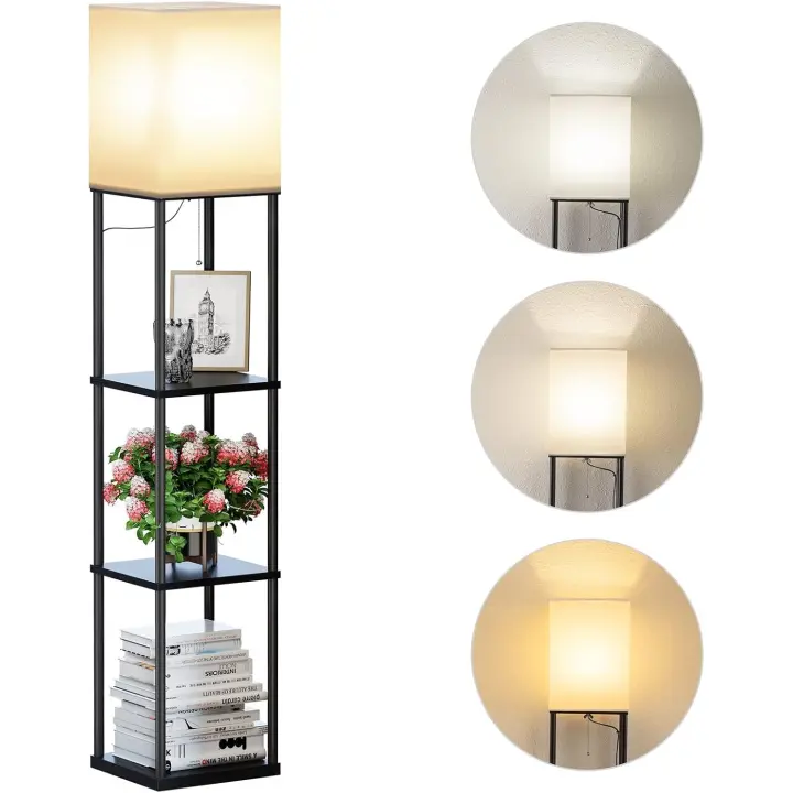 Lámpara de Pie, Temperatura de 3 Colores, Lámpara con Estantes con Bombilla LED, Lámpara de Salón, Dormitorio, Estudio y Oficina, Negro,Decoración Hogar Vintage - 1