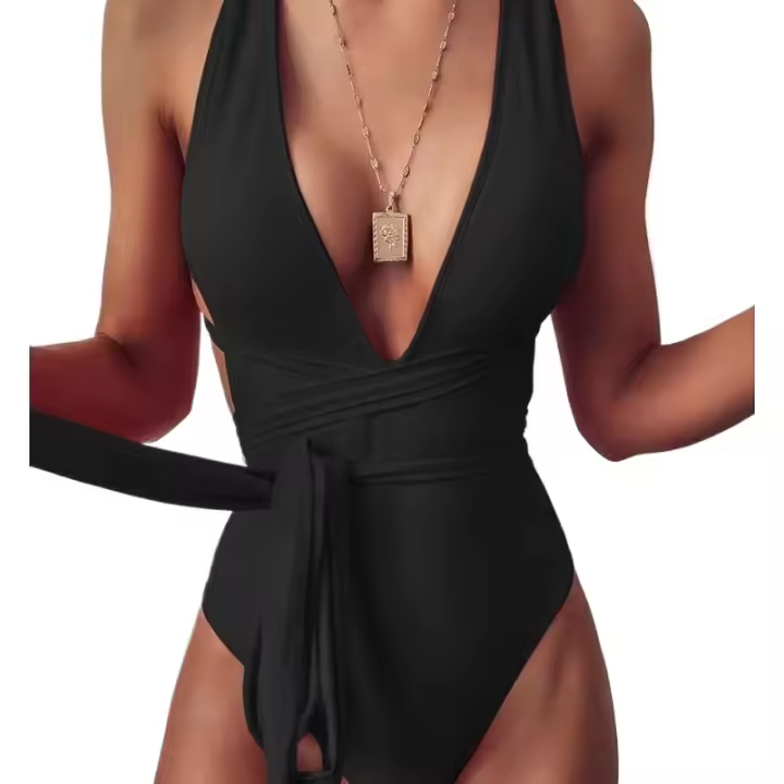 Nuevo bikini traje de baño de una pieza con tirantes y cuello en V de color sólido - 1