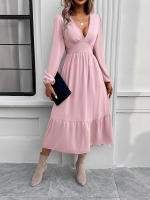 Vestido largo elegante de color sólido con cuello en V para otoño e invierno - details 18