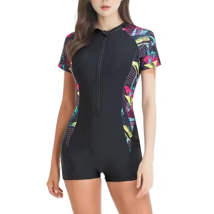 Traje de baño de una pieza estilo cremallera para mujer, bikini sexy con estampado de color competitivo, bikini de vacaciones - 1