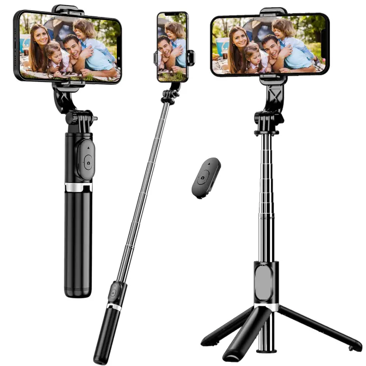 Palo de selfi y trípode extensible para teléfono móvil, de 40 pulgadas, soporte todo en 1 para smartphone con mando a distancia inalámbrico con rotación de 360 °   para iPhone 14/13/12/12 Pro/11/11 Pro/XS/XR/X/8/7 Plus y para Samsung, Google, LG y Sony - 1