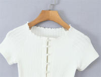 Suéter de Manga Corta con Botones de Perlas Moda Femenina Ouwu Jersey de Punto con Tejido de Fósforo - details 3