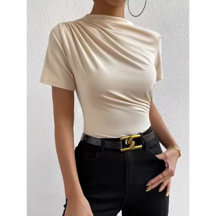 Camiseta ajustada de cuello alto para mujer, Top fruncido de manga corta elegante, ropa de primavera y verano - 1