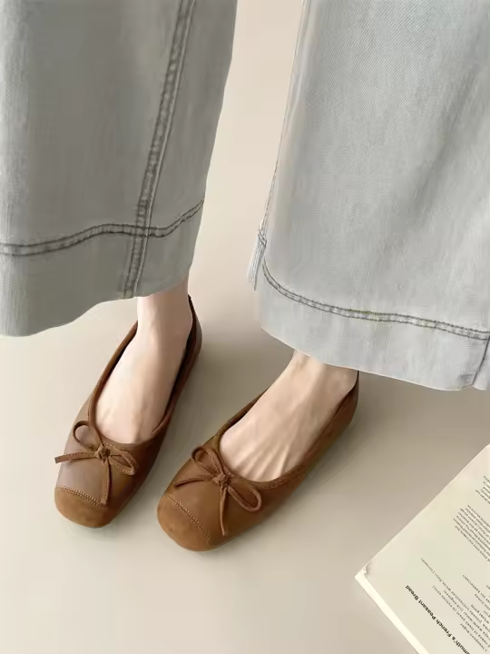 Nuevo francés suave estilo de hadas versátil cabeza cuadrada poco profunda boca arco plano zapatos de ballet solo zapatos - 1