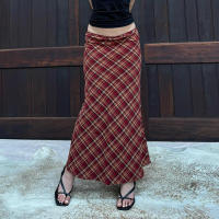 BUNO Y2K Falda trompeta a cuadros rojos de cintura alta para Festival de Navidad Faldas largas de sirena vintage Pantalones estéticos - details 1