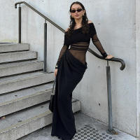 BUNO-vestidos largos con hombros descubiertos, vestido de cena negro con malla transparente, trajes de cumpleaños elegantes y sexys - details 3