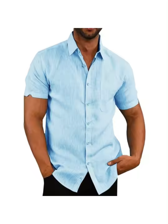 Algodón Lino Venta caliente Camisas de manga corta para hombres Verano Color sólido Cuello vuelto Estilo de playa informal Tallas grandes - 1