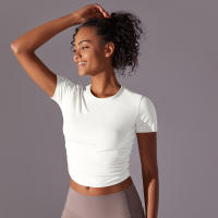 Hamidou-camisetas deportivas ajustadas de manga corta para mujer, Tops atléticos de color sólido para entrenamiento, gimnasio, correr, ropa deportiva - details 11