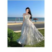 Estilo de vacaciones junto al mar falda con tirantes hilo borde con volantes vestido de playa atmósfera vestido largo elegante ventilador de hadas - details 8
