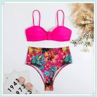 Conjunto de bikini bandeau liso, estampado tropical sexy, traje de baño mejorado para mujer, traje de baño de cintura alta con encaje en la espalda, ropa de playa - details 2
