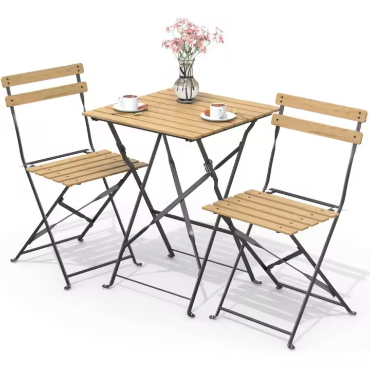 Conjunto de Muebles de Jardín Plegable 3 Piezas, Set de Bistro con Marco Resistente y Respaldo, Juego de 1 Mesa Cuadrada y 2 Sillas Terraza, para Balcón, Jardín, Patio, Exterior Aspecto Madera - 1