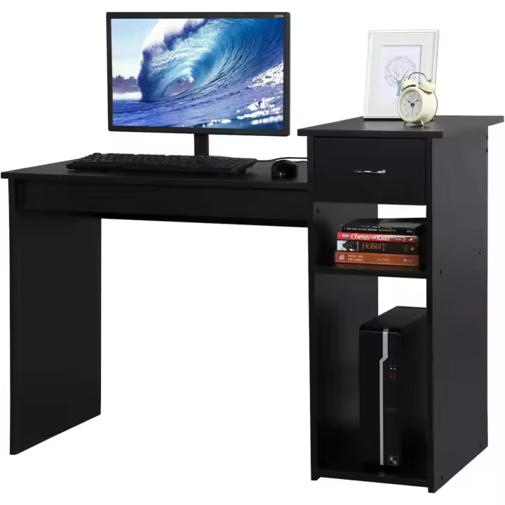 Escritorio de ordenador con cajón 112x70x50cm, escritorio para PC con estantería, mesa de oficina moderna para estudio, negro brillante. - 1