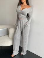 Nuevo Conjunto de Moda de Temporada Corta 2025 Camiseta de Manga Larga, Pantalones de Pierna Ancha, Cuello en V - details 5